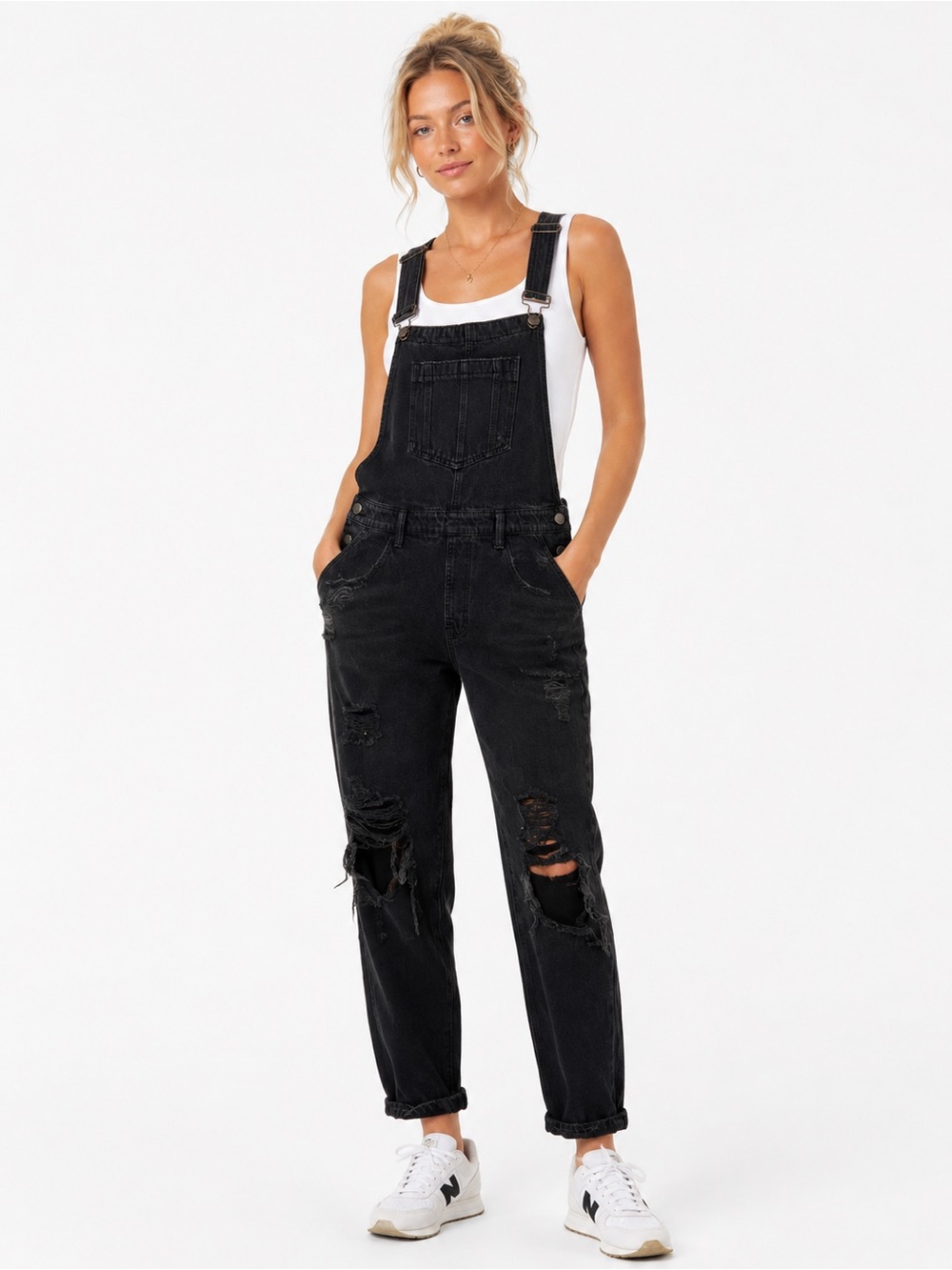 Mica Size Large Black Distressed Denim Overalls - Women Jeans